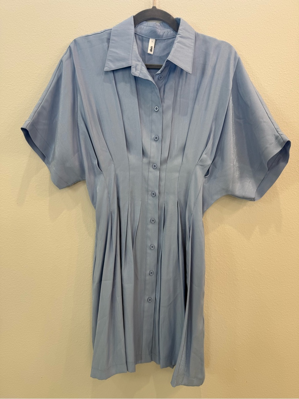 glam Light Blue Button-Front Pleated Midi Dress with pockets